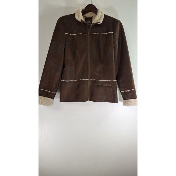 PRANA Faux Suede Sherpa Lined Jacket Womens Sz L Brown Full Zip Pockets Gorpcore - Picture 1 of 12